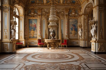 Obraz premium Gilded Tables and Theatrical Tapestries: Baroque Masterpieces in a Grand Palace Hallway