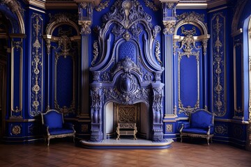 Palatial Baroque Palace Grand Hallway Designs: Royal Blue Upholstery & Elegant Fireplaces