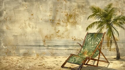 Rustic bamboo beach chair with green leaf-patterned fabric, adjacent to a small palm tree, panoramic view of a deserted Caribbean beach, morning light, high-definition photography texture.