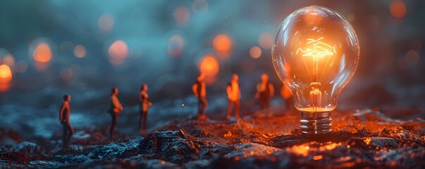 Diminutive Figures Gathered Around Luminous Bulb Depicting the Power of Ideas to Attract and Inspire