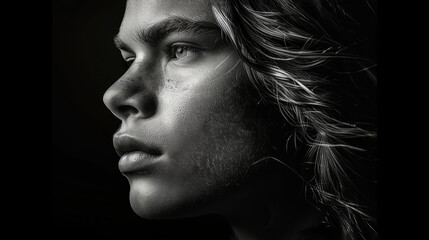  eyes shut, hair billowing in wind