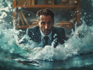 Businessman Submerged by Waves in Office Symbolizing the Drowning Effects of Depression and Economic Recession