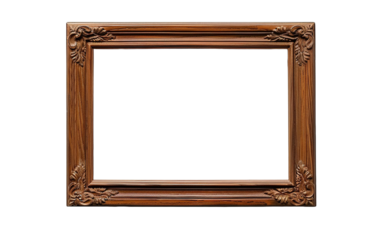 Brown empty wooden picture frame on transparent background, png	