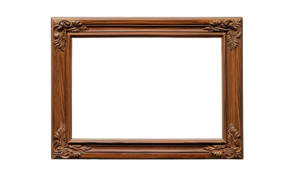 Brown empty wooden picture frame on transparent background, png	