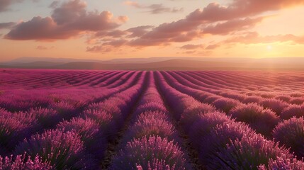 Enchanting Lavender Fields Stretching to Horizon in Serene Provence Countryside Sunset Landscape - obrazy, fototapety, plakaty