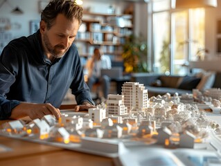 Architect Reviewing Detailed 3D Model of Residential Properties for City Planning