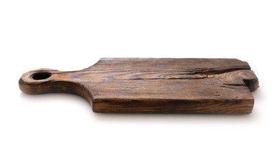 Wooden brown rustic timber,cutting board. Food dish, decor element.