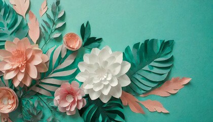 Paper flowers and leaves background 
