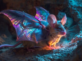 A mysterious hybrid creature with bat wings and mouse ears, its luminous colors casting ethereal reflections in a shadowy cave , Prime Lenses