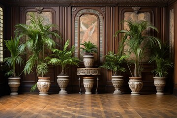 Fototapeta premium Potted Palms Majesty: Belle �poque Parisian Parlor Decors with Intricate Parquet