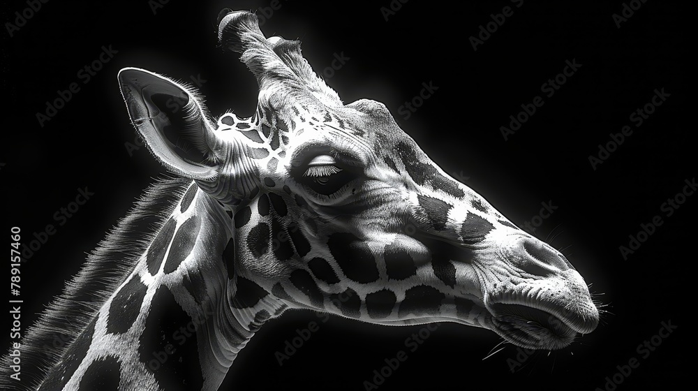 Canvas Prints   A monochrome image of a giraffe's head and extended neck, displaying its long tongue