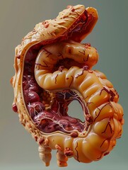 A 3D cutaway illustration of a stomach affected by ulcerative colitis, showing ulcers and inflamed walls - obrazy, fototapety, plakaty