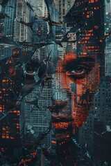 An AIgenerated portrait of a figure against a backdrop of shattered skyscrapers, evoking the somber mood of a society facing its end , high resolution DSLR