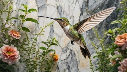 hummingbird and flowers ,wall art marble 