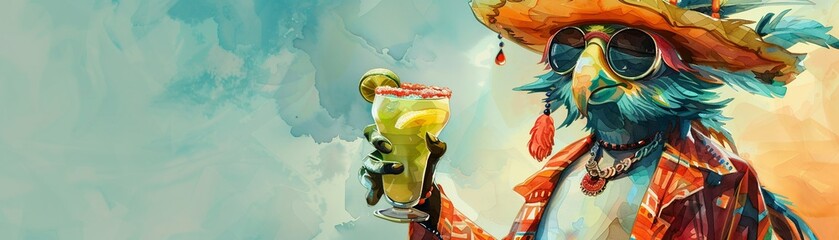 A colorful character holding a Margarita, brought to life with vivid watercolors and exquisite attention to detail , Prime Lenses - obrazy, fototapety, plakaty