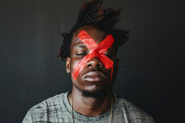 A man with a red cross painted on his face, a rejection