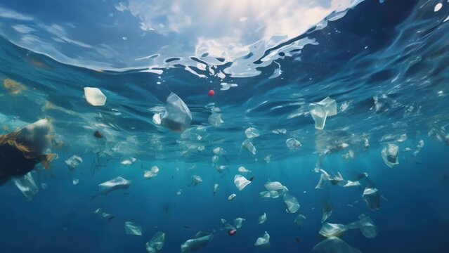 A large amount of plastic waste is floating in the ocean