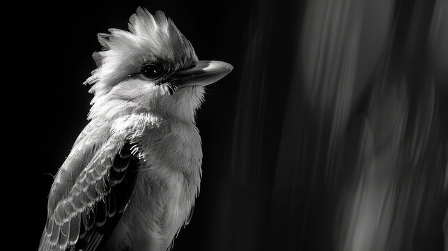   A monochrome image of a bird featuring feathers on its head against a plain black and white background