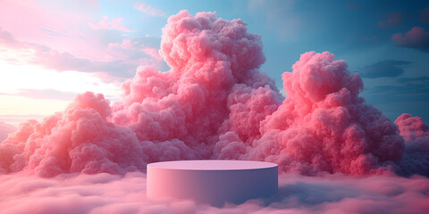 Pink illuminated podium surrounded by dreamy clouds in a soft, surreal environment. Presentation and product display concept. Design for brand showcases, cosmetic advertising, and luxury product promo