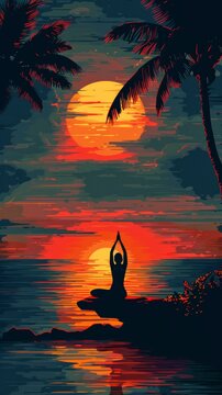 A silhouette of a person doing yoga on a beach at sunset.