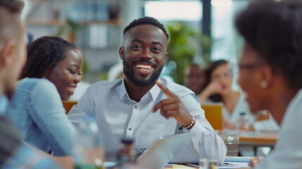 Smiling man in white shirt at a table with others. Suitable for business meeting, teamwork, office communication, corporate setting.