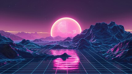 Neo tech background with neon circle on wireframe landscape. Modern illustration of y2k style banner, retro wave black and blue gradient grid mountains, synthwave light frame design