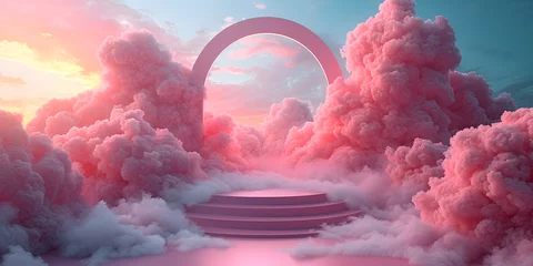 Zelfklevend Fotobehang Surreal landscape with pink clouds and archway. Dreamy panoramic background. Fantasy and imagination concept for poster, wallpaper, or banner design with copy space © Ekaterina