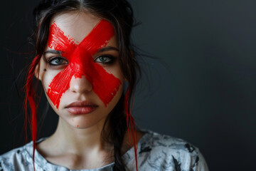 A woman with a red cross painted on her face, a rejection - obrazy, fototapety, plakaty
