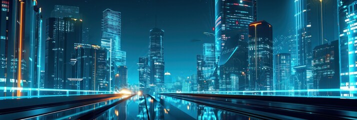 Close-up street view of a futuristic city cyberpunk.