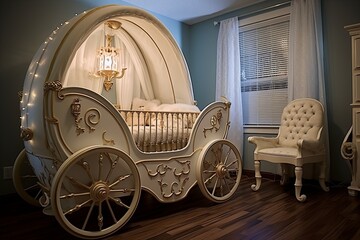 Princess Carriage Crib and Glass Slipper Accents: Enchanted Fairy Tale Nursery Decors - obrazy, fototapety, plakaty