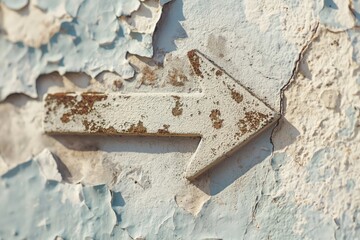 Close-up photo of a rusty, minimalist arrow symbol on a cracked and peeling painted surface