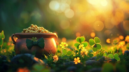 Colorful HD wallpaper depicting a pot of gold with a playful bow tie, enhanced by the freshness of green clover leaves - obrazy, fototapety, plakaty