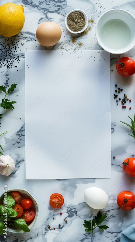 Poster fresh cooking ingredients arranged around a blank white paper on a marble surface.