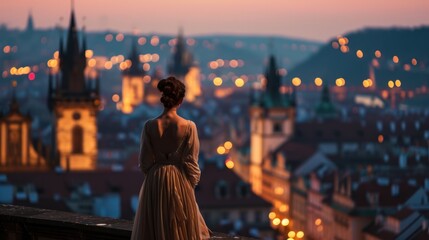 A graceful lady standing with a view of historic buildings in the city of Prague, Czech Republic in...