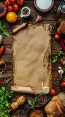 Vintage culinary background with a variety of fresh ingredients and spices.