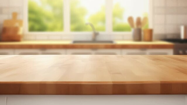 A kitchen counter with a wooden top and a window behind it