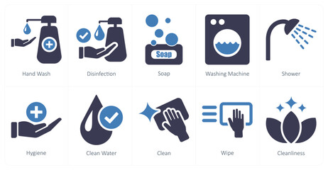 A set of 10 hygiene icons as hand wash, disinfection, soap