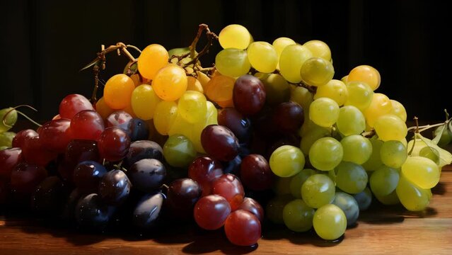 A bunch of grapes in various colors are displayed on a wooden table