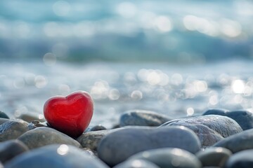 Fototapeta premium Minimalist heart shape gleams with love on a tranquil pebble beach, bathed in soft sunlight