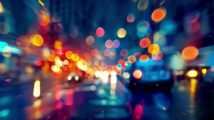 Streetlights and car taillights blur together in a sea of electric colors as the city comes alive in the twilight hours bustling with energy and activity.
