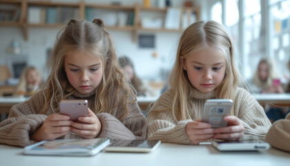 Curious schoolgirls, children sitting at their desks and using smart phones while lesson at schoolroom. Phones problem at school. Modern techlology.