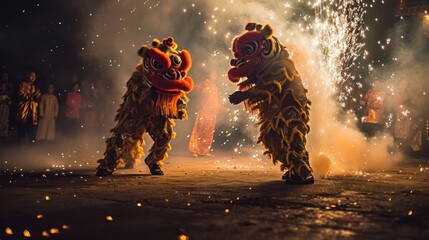 Lion dance in street with firecrackers as the traditional Chinese folk event activities during...