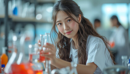Asian Schoolgirl in white shirt at a table in a chemistry lesson pours red and orange liquid from test tubes and flasks. Research, laboratory, knowledge, chemical compositions