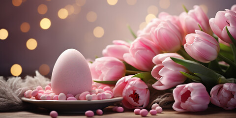  Mothers day decoration, pink egg and tulips on a table with a light background - a delicate spring arrangement