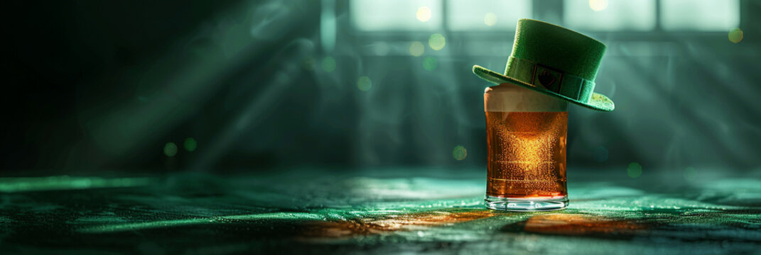 St Patricks Day Beer with Leprechaun Hat, St Patricks Day Celebration 3D Render with Podium Beer Glass and Green Hat on Green Background