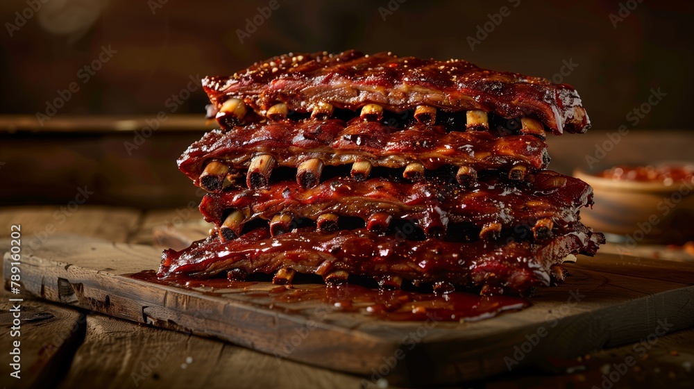 Poster A stack of tender, juicy barbecued ribs glazed with sauce on a wooden board