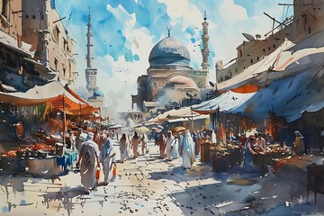 Obraz premium : A brush painting of a bustling marketplace in a Middle Eastern city