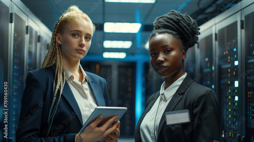 Poster Female IoT specialists in the data center work in a team, exchanging ideas and developing new approaches to managing and maintaining network infrastructure aimed at achieving the best results