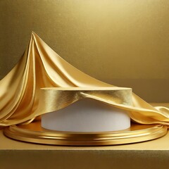 golden background.a golden luxurious fabric draped gracefully over a top pedestal, with a blank podium shelf against a resplendent gold background. The soft lighting and intricate shadows create a sen - obrazy, fototapety, plakaty