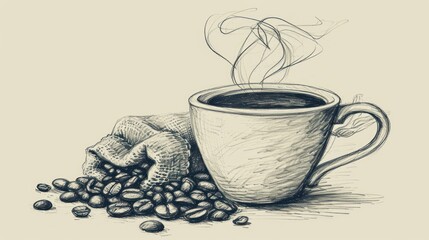 Hand drawing sketch of coffee cup and beans on table.